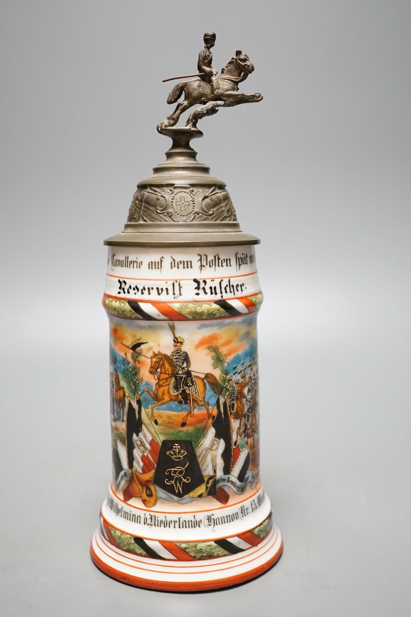 An Imperial German Prussian Reservist commemorative stein, half litre capacity, named to Kulcher, 29 cms high.